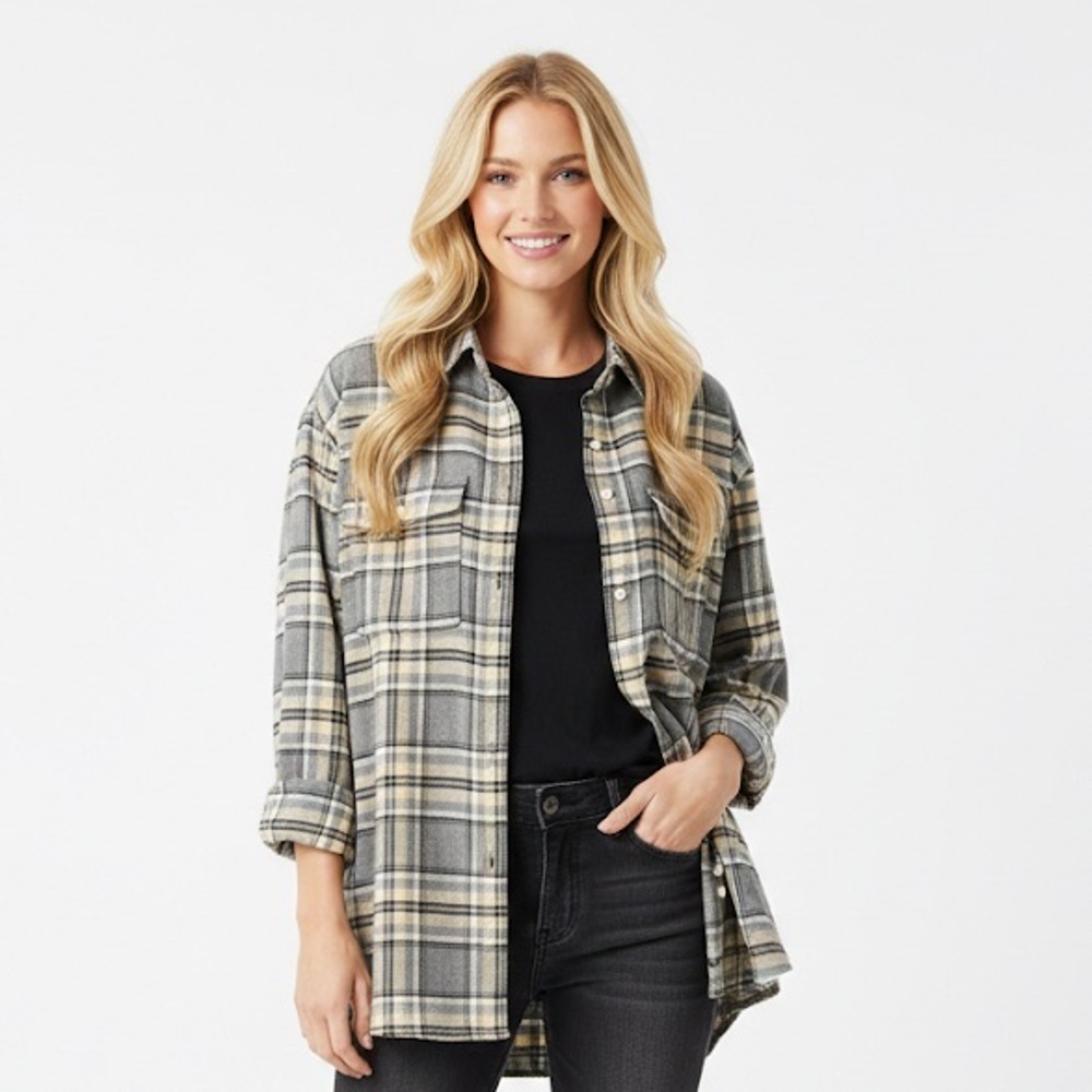 Old Navy the boyfriend shirt button down Gray & Cream Plaid flannel size XLarge